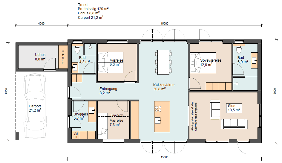Plantegning af sommerhus med tre værelser og overdækket carport
