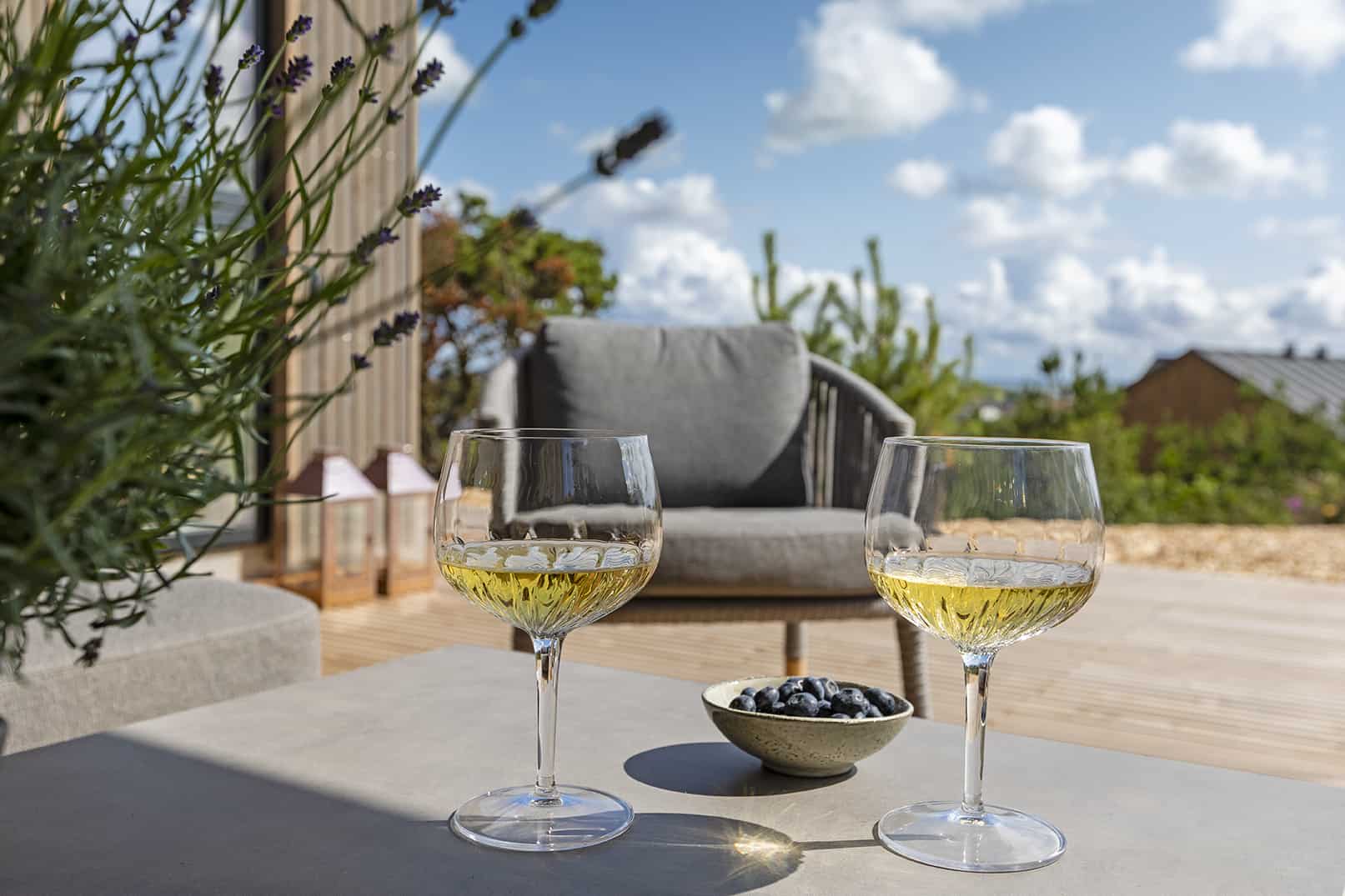 Vin på terrasse foran sommerhus