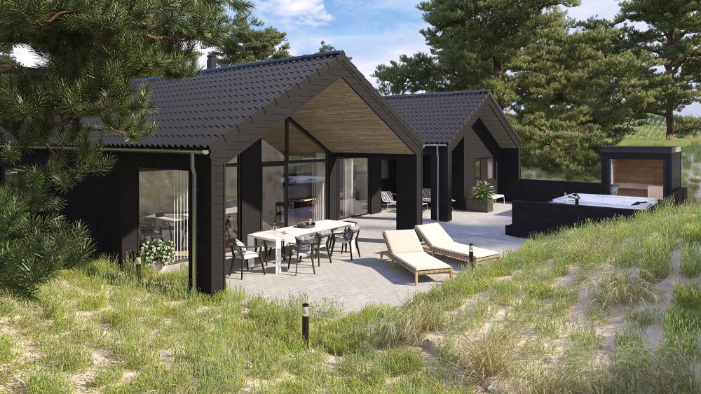 Pool sommerhus fra Skanlux set udefra med overdækning over terrasse