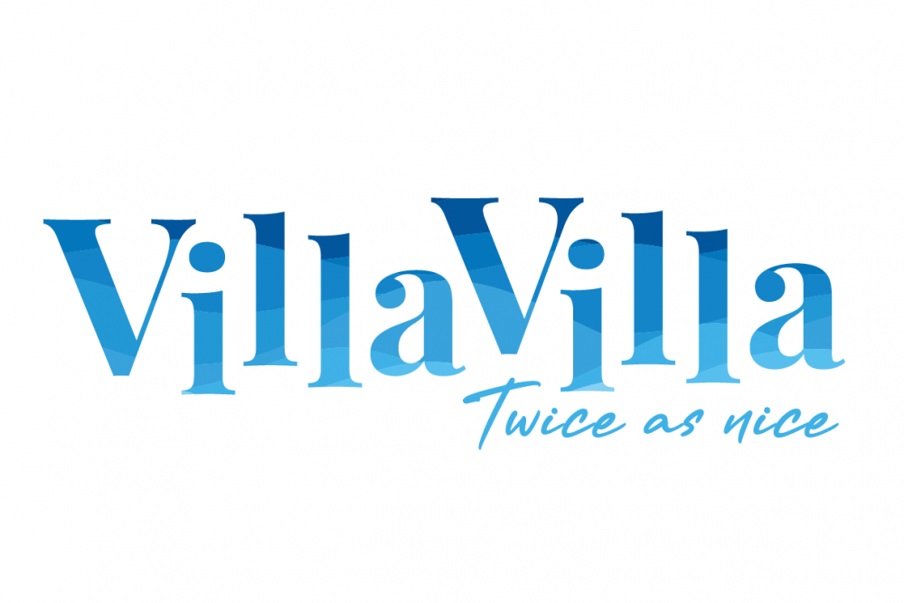 Blåt VillaVilla logo med payoff