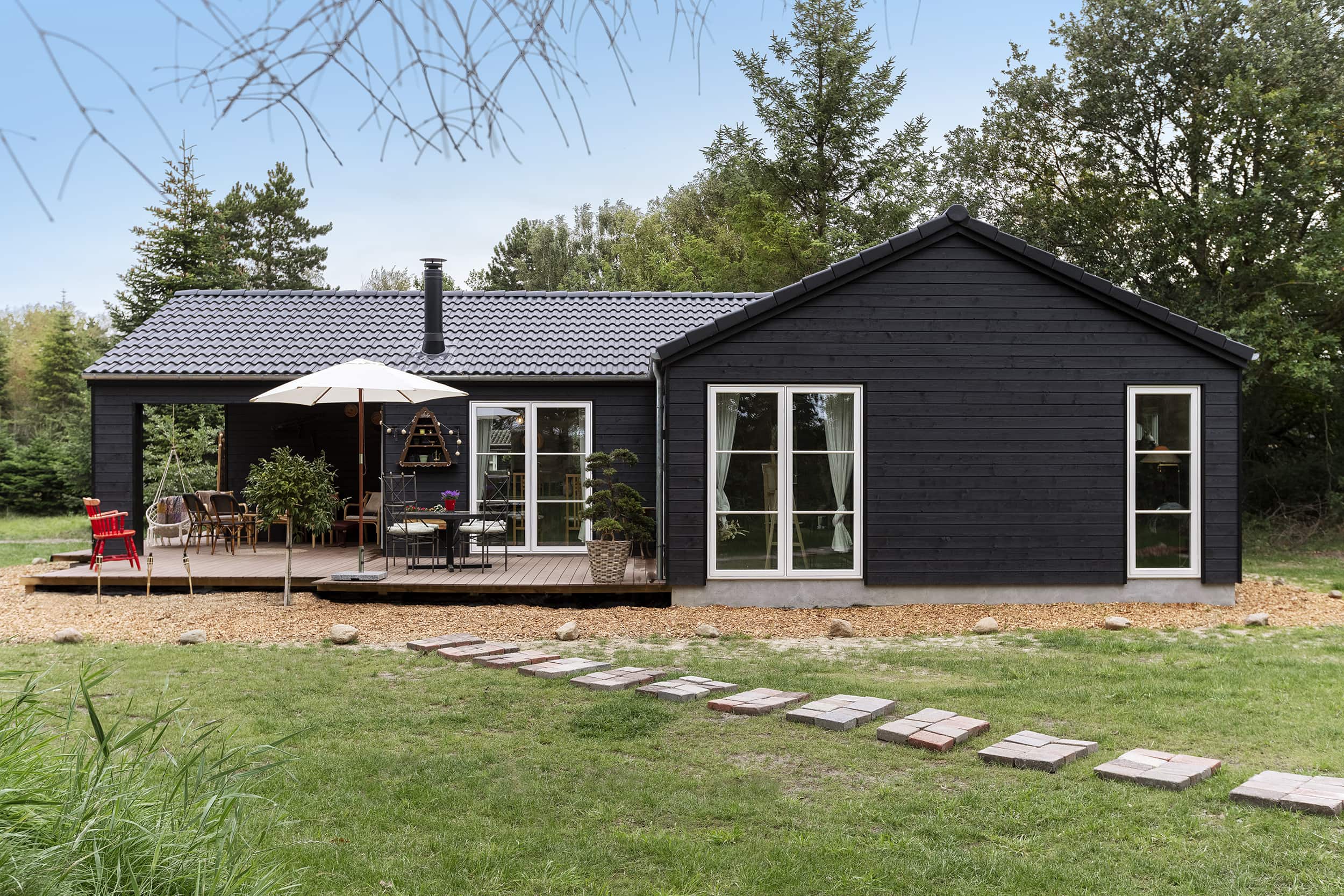 Haider og Bashars uderum og have fra TV2 Sommerdrømme 2022. Flot sort sommerhus fra Skanlux