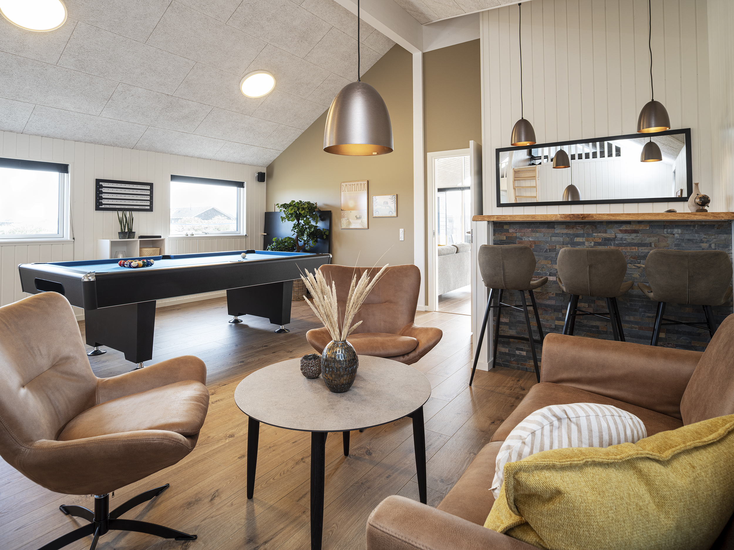 Moderne stue i sommerhus og farverigt interiør