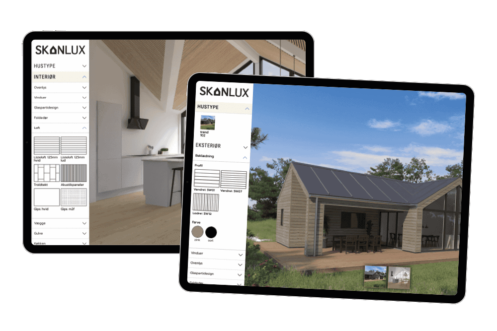 To iPads der viser eksempler på brug af sommerhus konfiguratoren