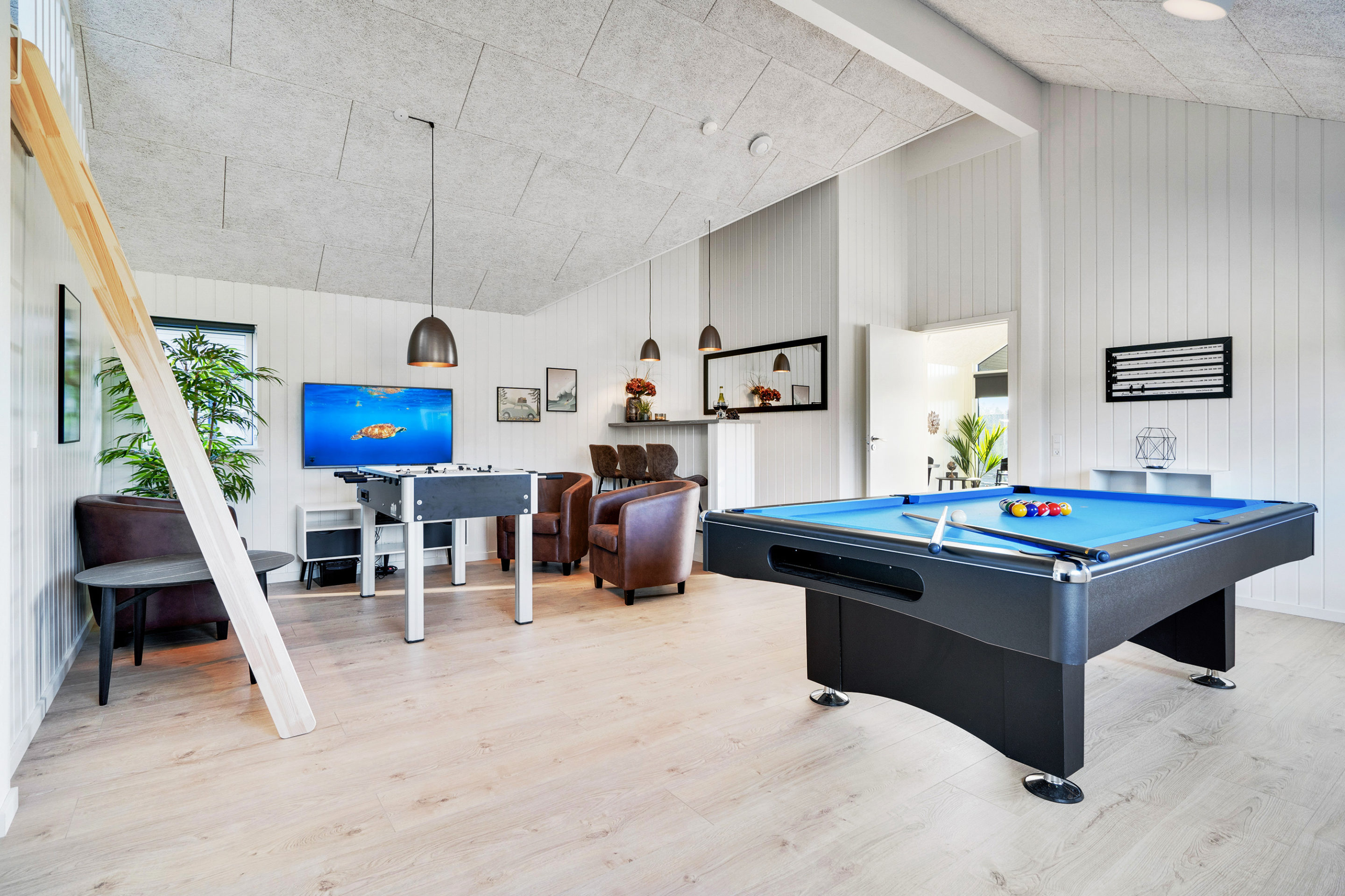 Billiard og sofa i sommerhus