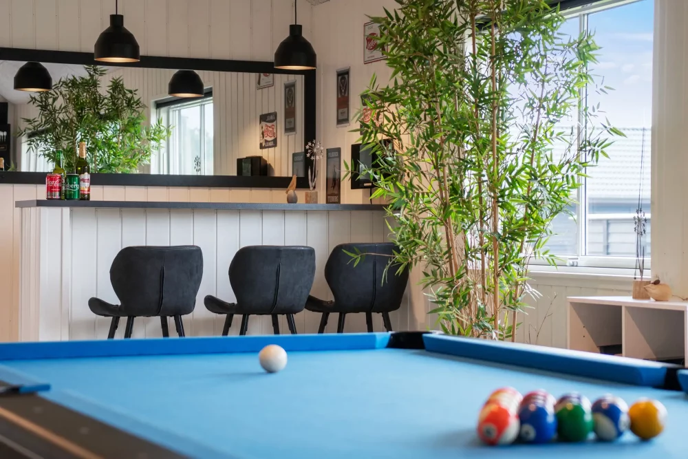 Poolbord i aktivitetsrummet og i baggrunden er den hyggelige bar, hvor kolde drikkevare kan serveres efter en god omgang billard.