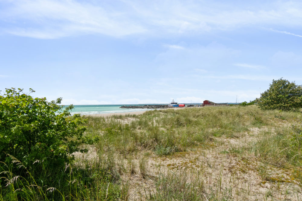 Område foran strand med kig til havn