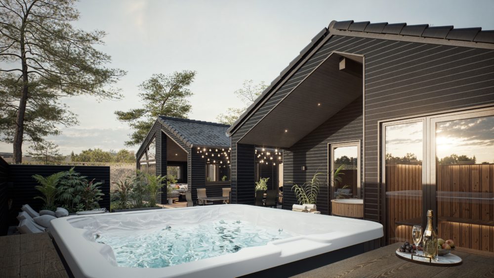 Skanlux wellnesssommerhus terrasse med spa