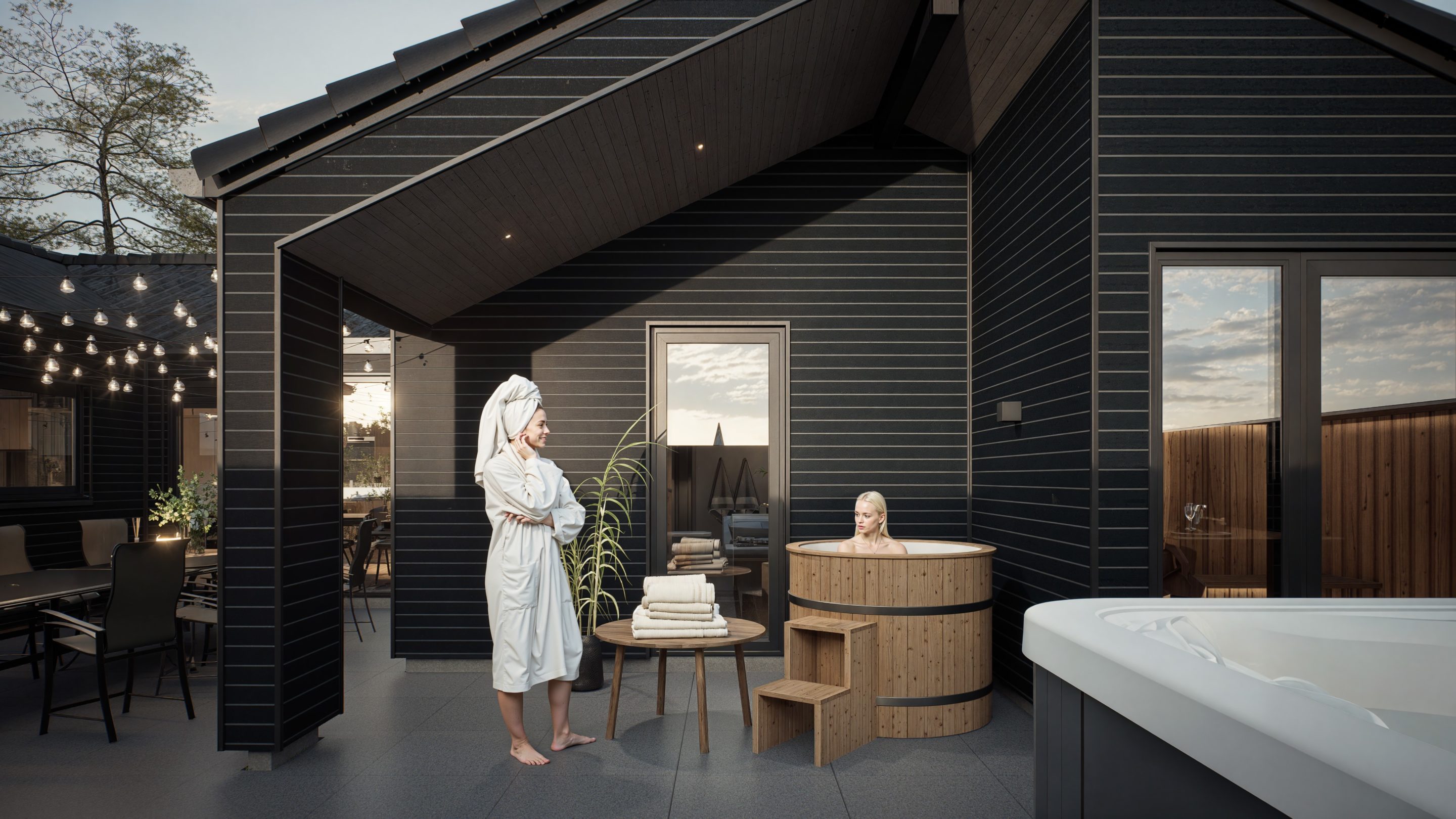 Skanlux wellnesssommerhus terrasse og loungeområde